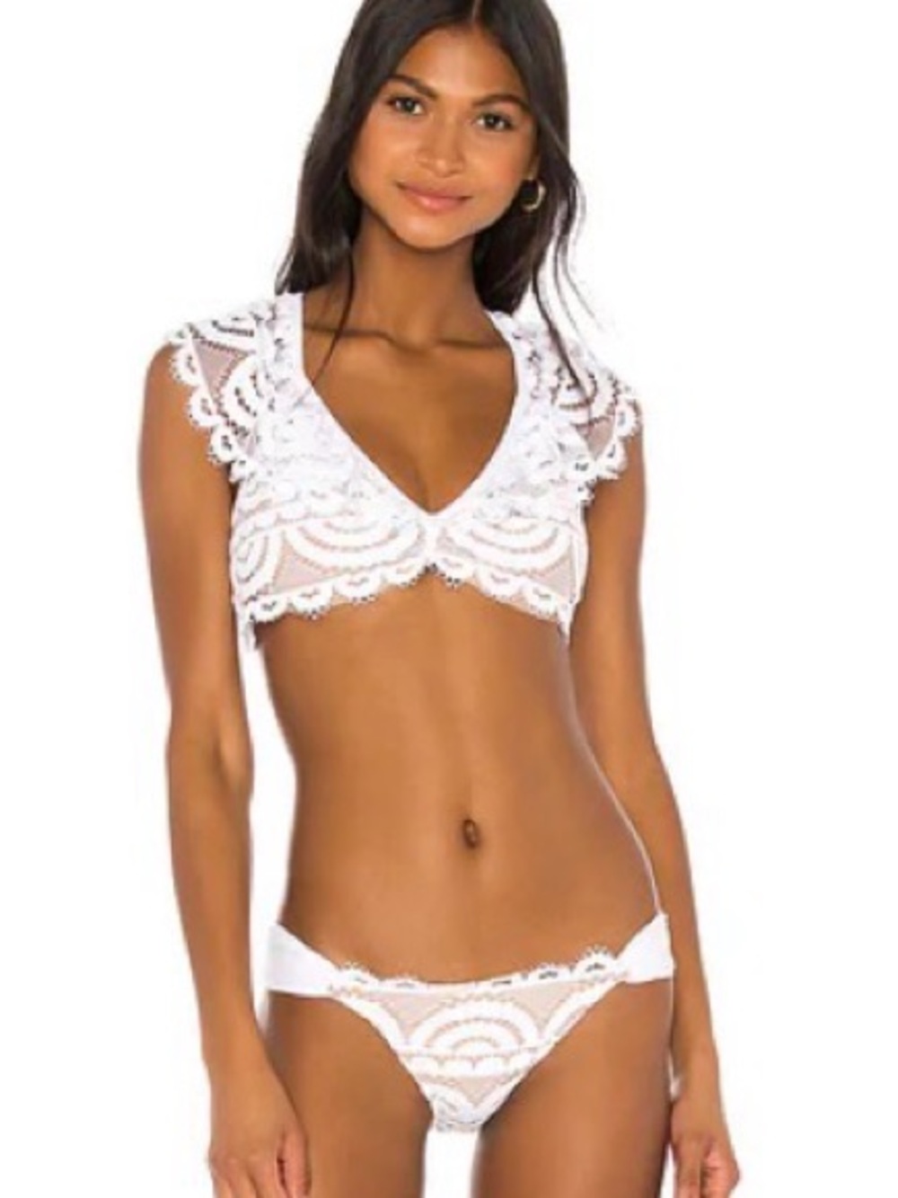 228. Pilyq White Lace Ruffle Bikini Top in Water Lily TOP ONLY size D